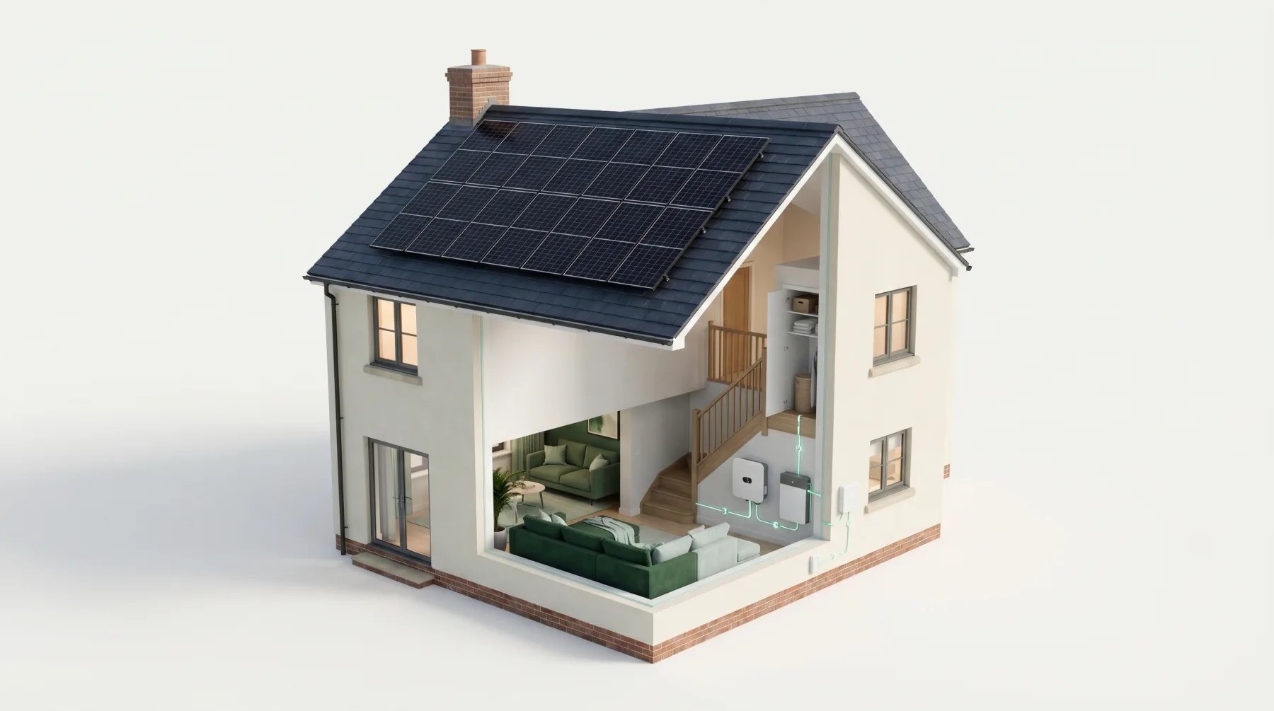 Cutaway of a UK home showing its inverter and home battery
